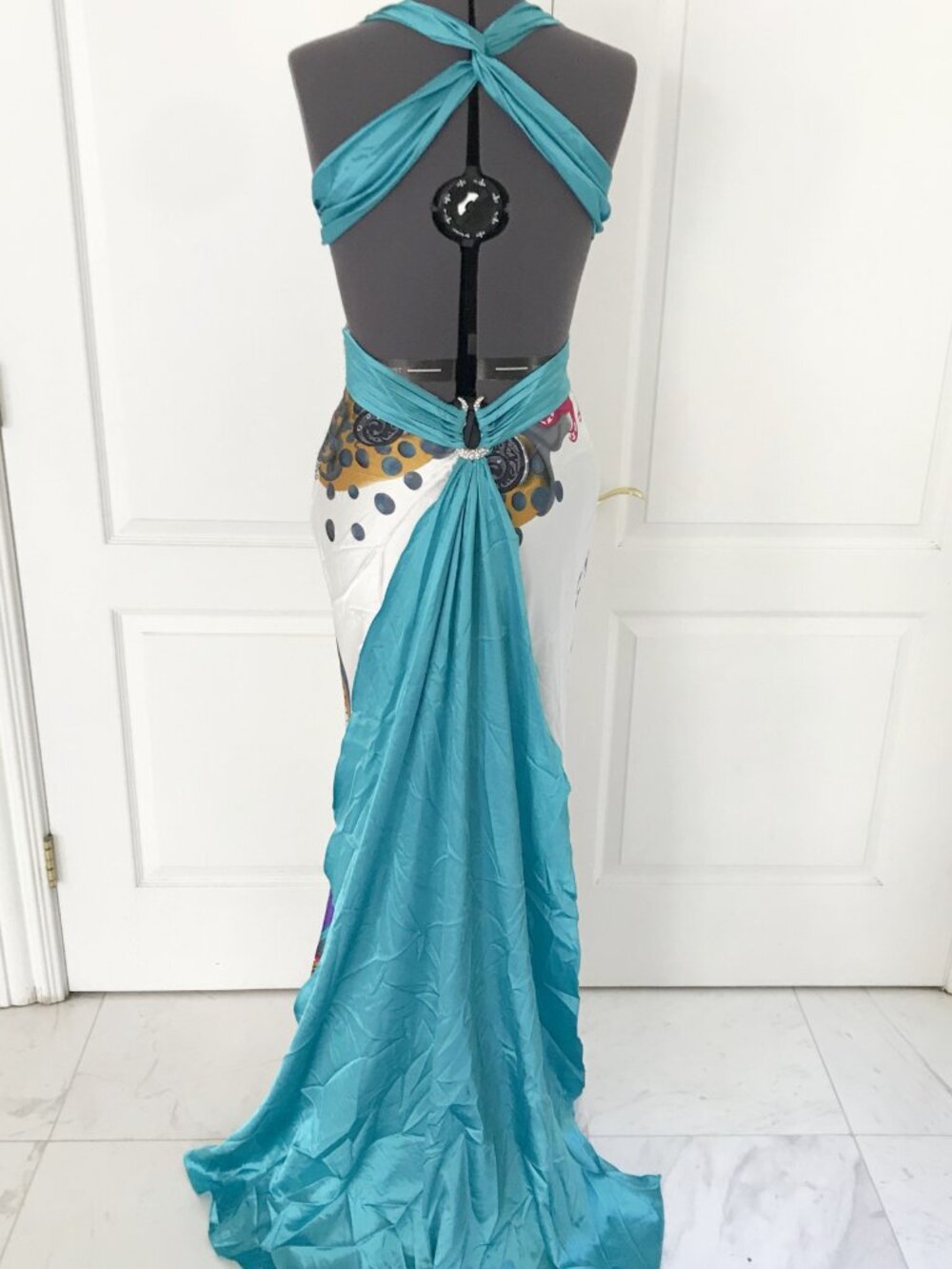 Vintage Cache Mermaid Evening Gown in Teal, White, Purple & Pink, Size 8 - Picture 5 of 16